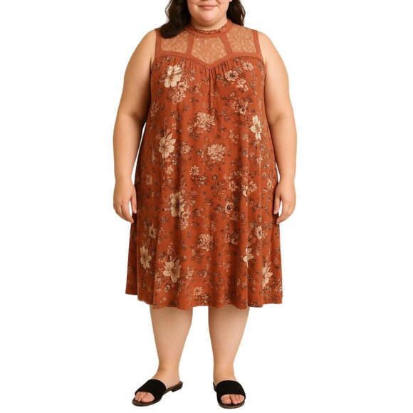 torrid Dresses & Skirts - Torrid Plus Size 3X Rustic Orange Sleeveless Floral Lace Yoke Dress Side Pockets